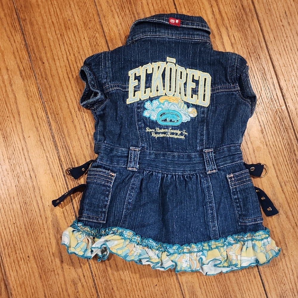 Ecko Unlimited JEAN DRESS WITH Blue and Yellow Graphic Design RUFFLES
